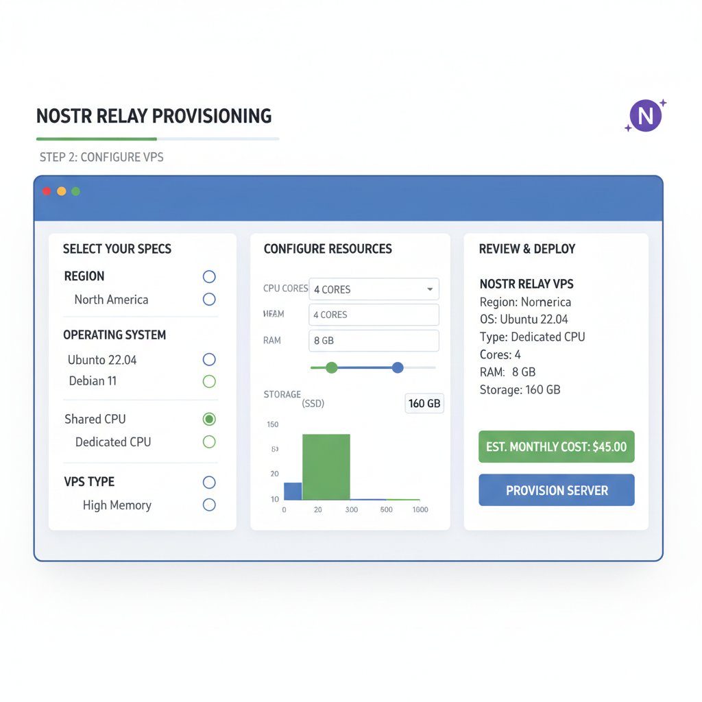 server provisioning dashboard selecting VPS specs for Nostr relay, cloud interface