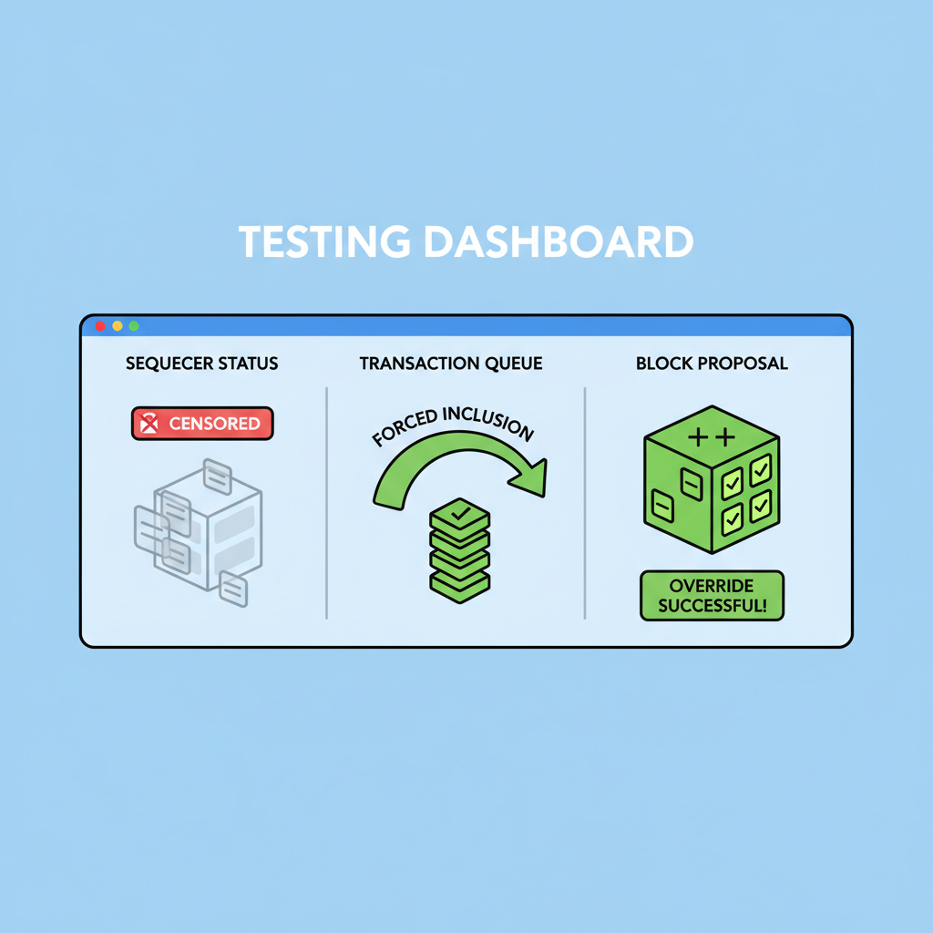 testing dashboard showing forced transaction inclusion overriding sequencer censorship