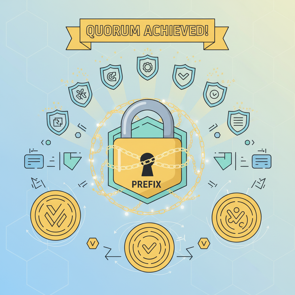 quorum of blockchain signatures locking a prefix, golden seals forming, triumphant BFT consensus scene