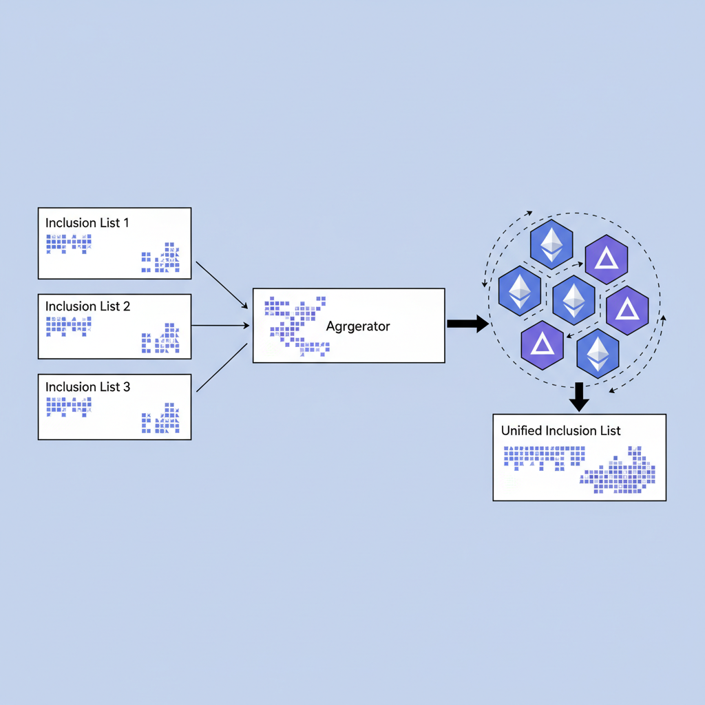 aggregation of multiple inclusion lists into one, ethereum network nodes connecting, data flow diagram, precise technical art