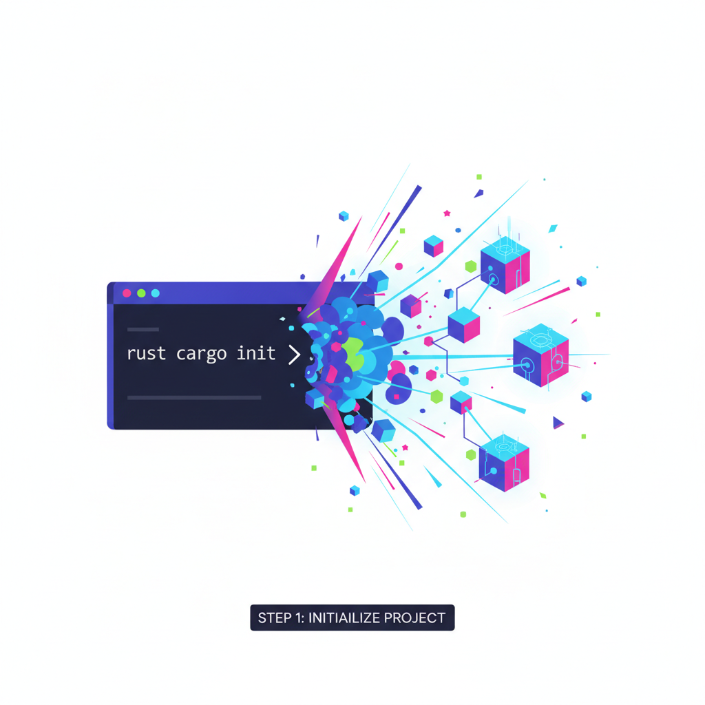 rust cargo init command line exploding into blockchain nodes, energetic cyberpunk neon glow