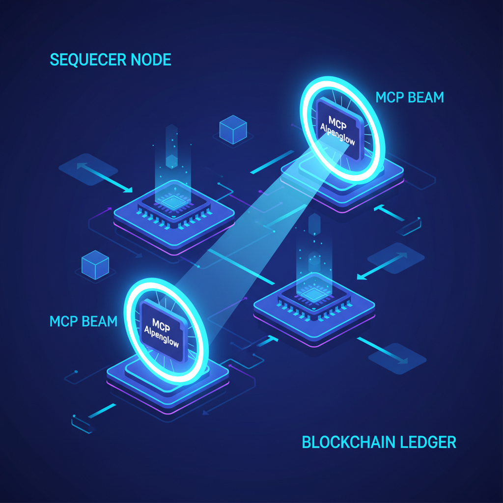 Solana sequencing nodes with MCP Alpenglow lightspeed beams, futuristic blockchain, blue neon glow