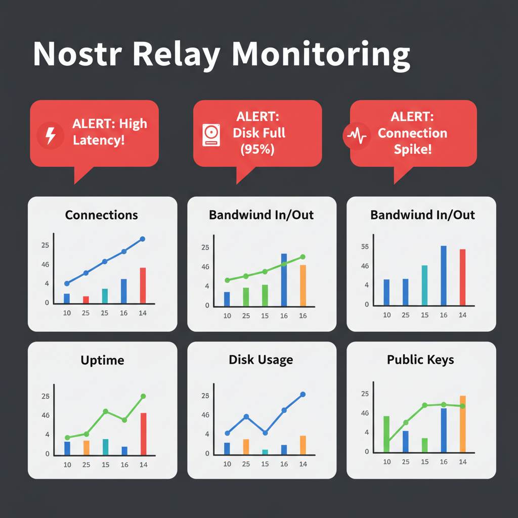 Prometheus Grafana dashboard with Nostr relay metrics graphs, alerts popping up