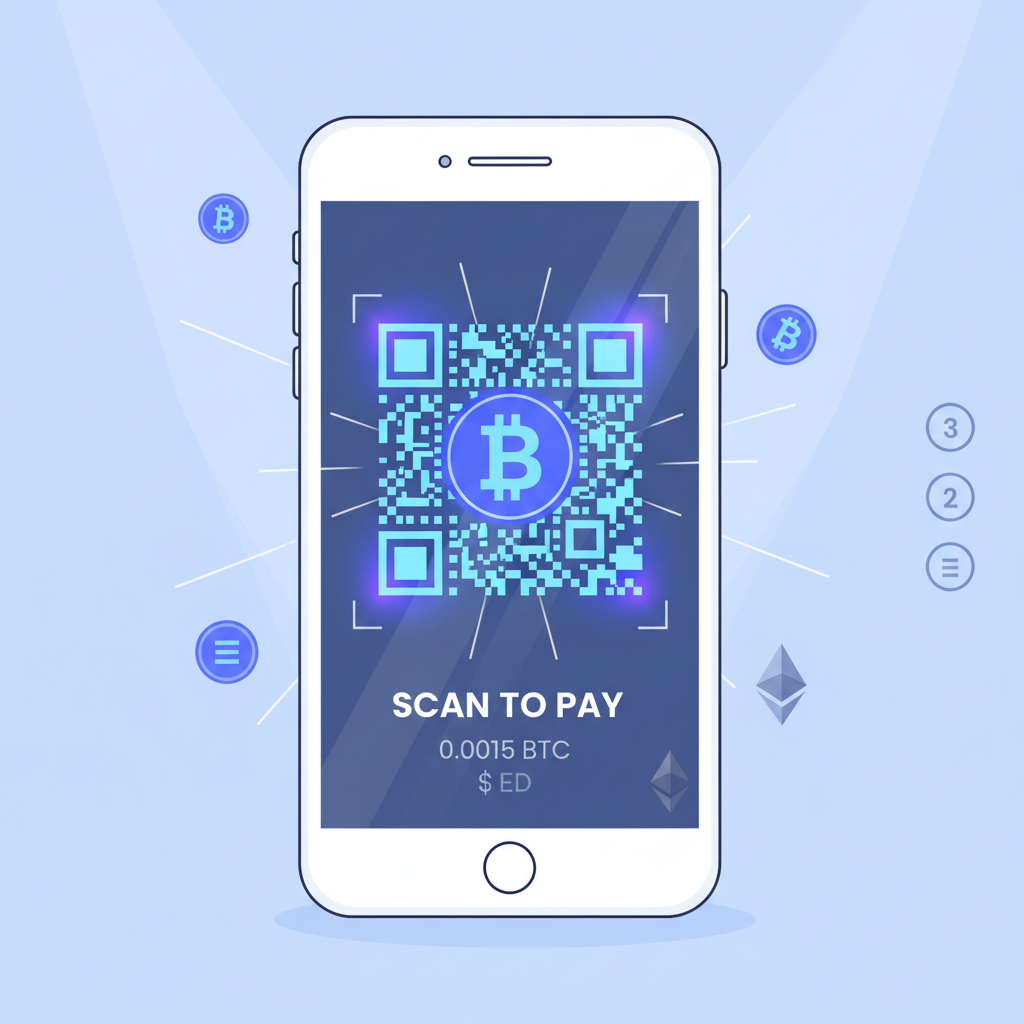 closeup smartphone generating glowing QR code for crypto payment