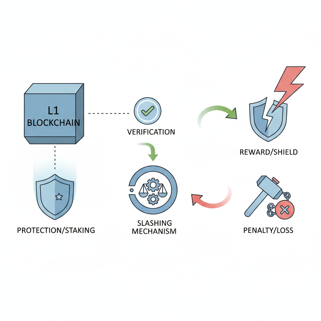 L1 verification with slashing mechanism, shield and penalty icons