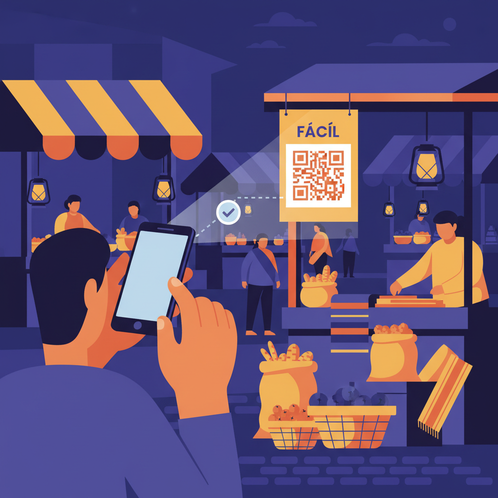 street market scene Bolivia night scanning QR code with phone flashlight