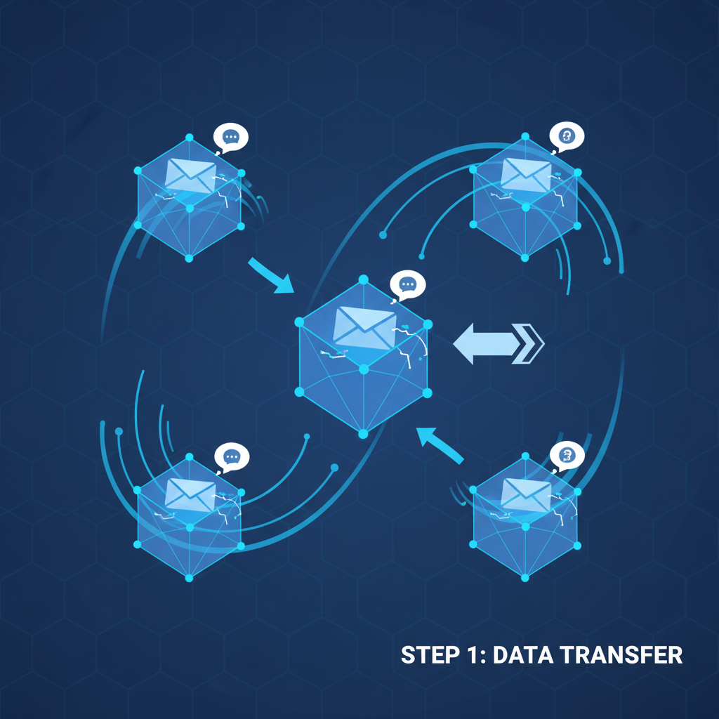 data packets gossiping across blockchain nodes, electric blue waves, high-speed network visualization