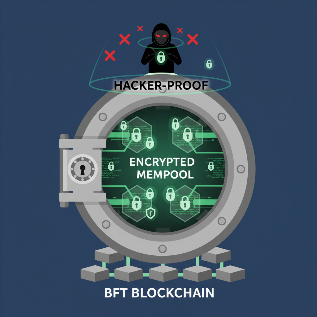 encrypted mempool in BFT blockchain, locked data streams glowing secure green, hacker-proof vault